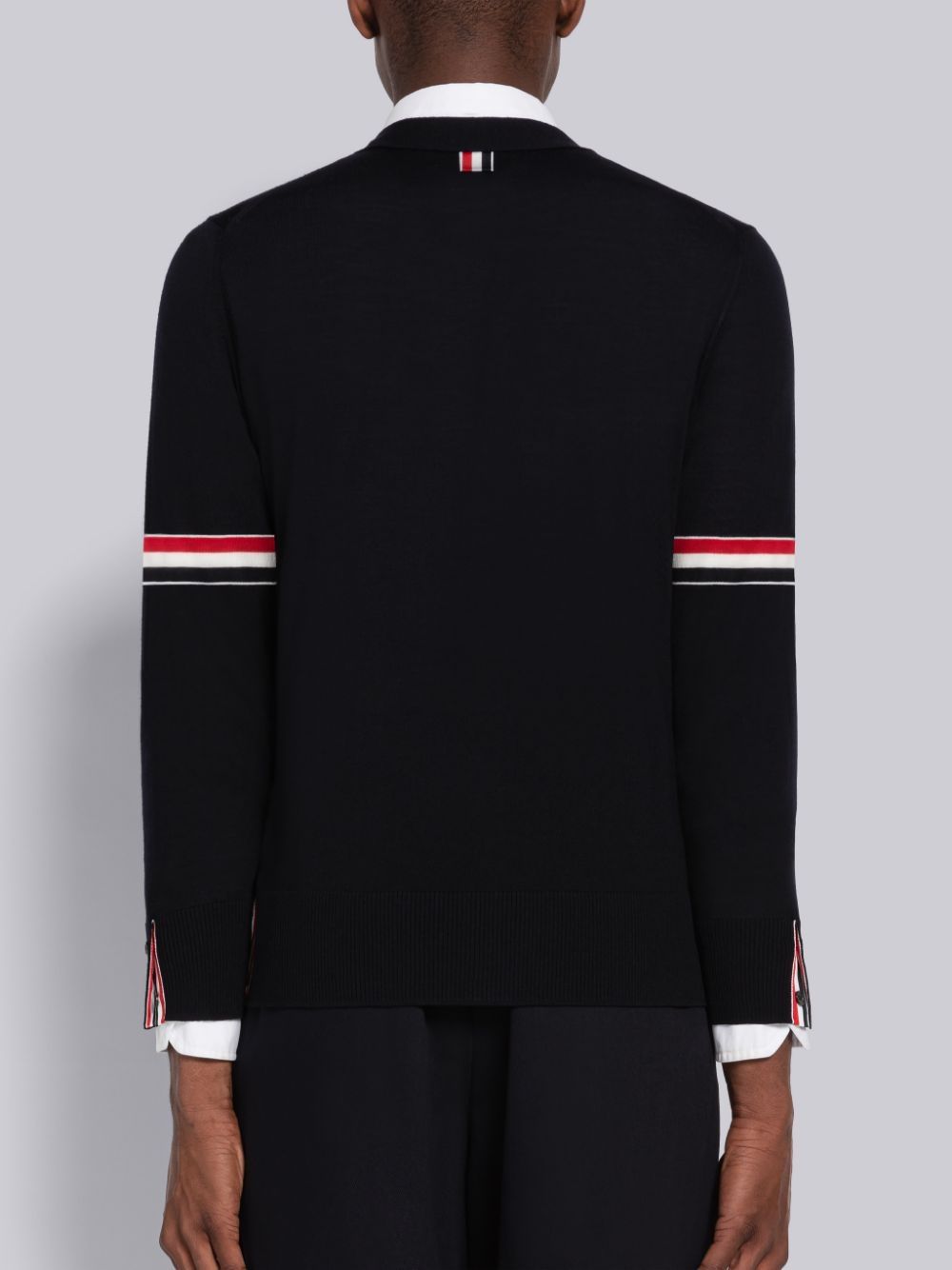 Men Thom Browne Fine Merino Stripe Relaxed V-Neck Cardigan Black | RUV83C93242