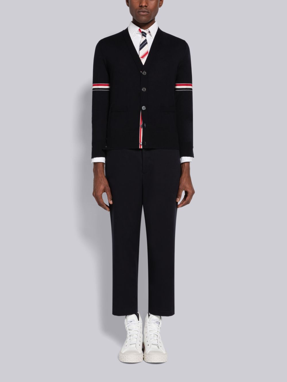 Men Thom Browne Fine Merino Stripe Relaxed V-Neck Cardigan Black | RUV83C93242