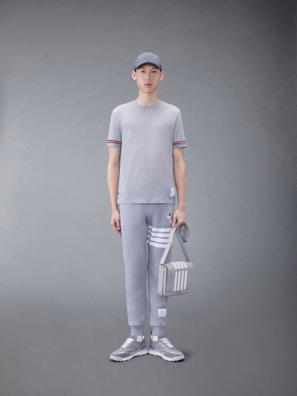 Men Thom Browne Lightweight Cotton Short Sleeve Striped T Shirts Grey | JDK46N03957