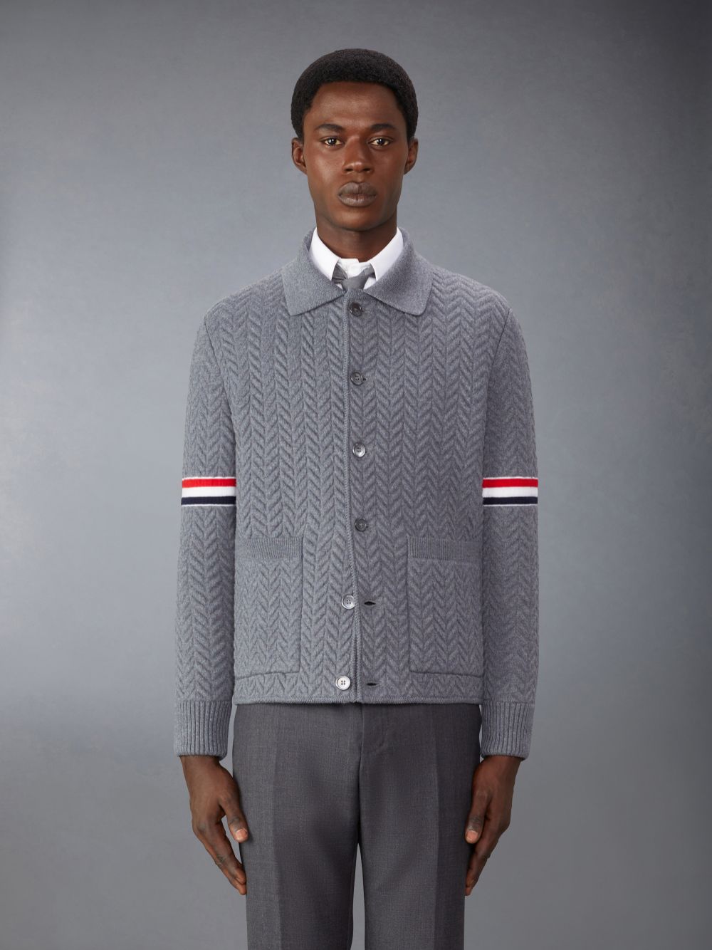 Men Thom Browne Merino Wool and Cotton Quilted Armband Work Jackets Grey | MXV72Y67727