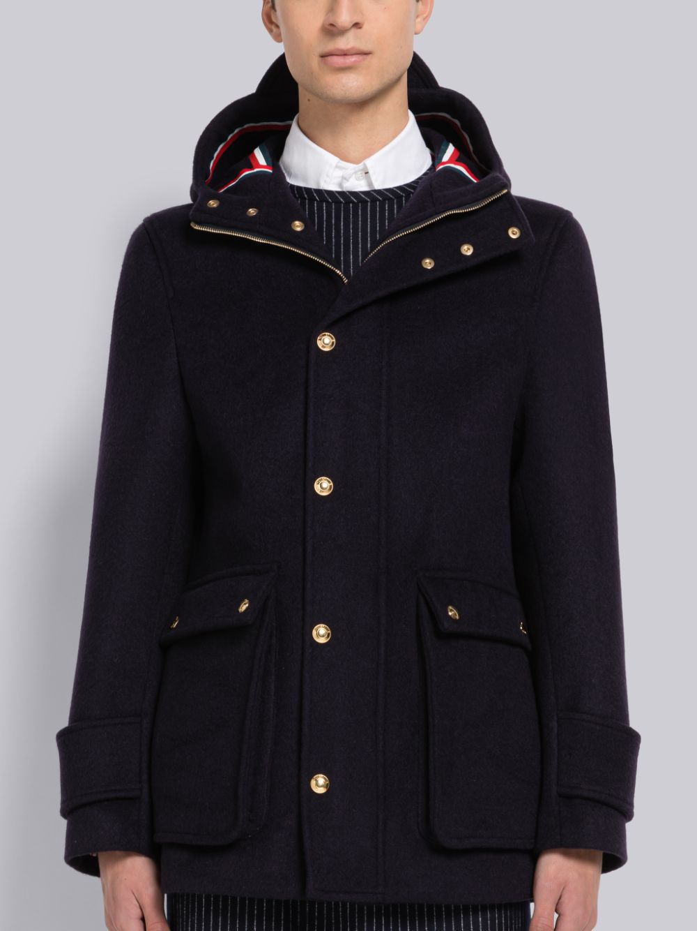 Men Thom Browne Military Weight Cashmere Snap Front Rain Parka Blue | OUE92V20024
