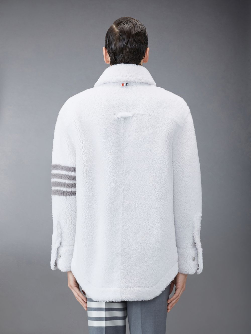 Men Thom Browne Shearling 4-Bar Oversized Shirt Jackets White | NTY13E14366