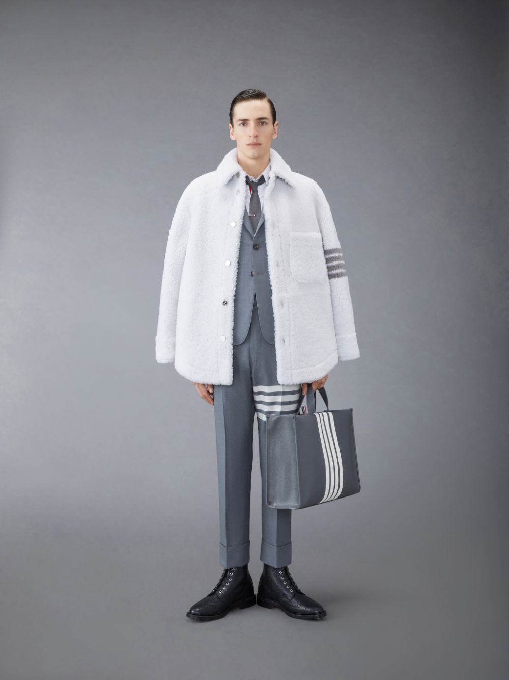 Men Thom Browne Shearling 4-Bar Oversized Shirt Jackets White | NTY13E14366