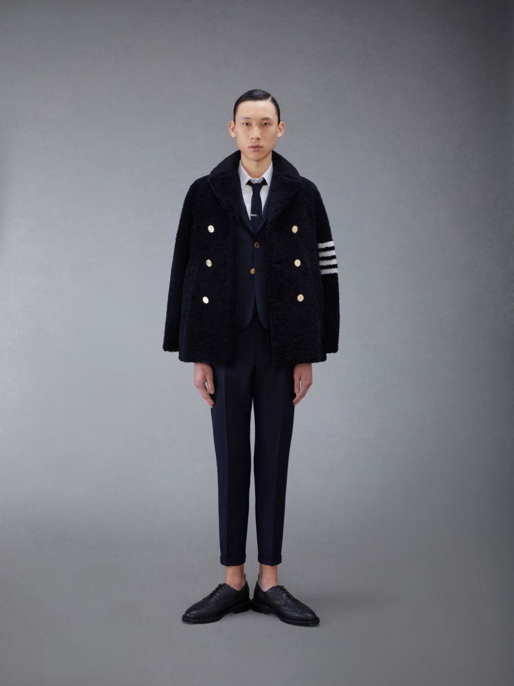 Men Thom Browne Shearling 4-Bar Peacoat Coats Blue | YIO02X43860