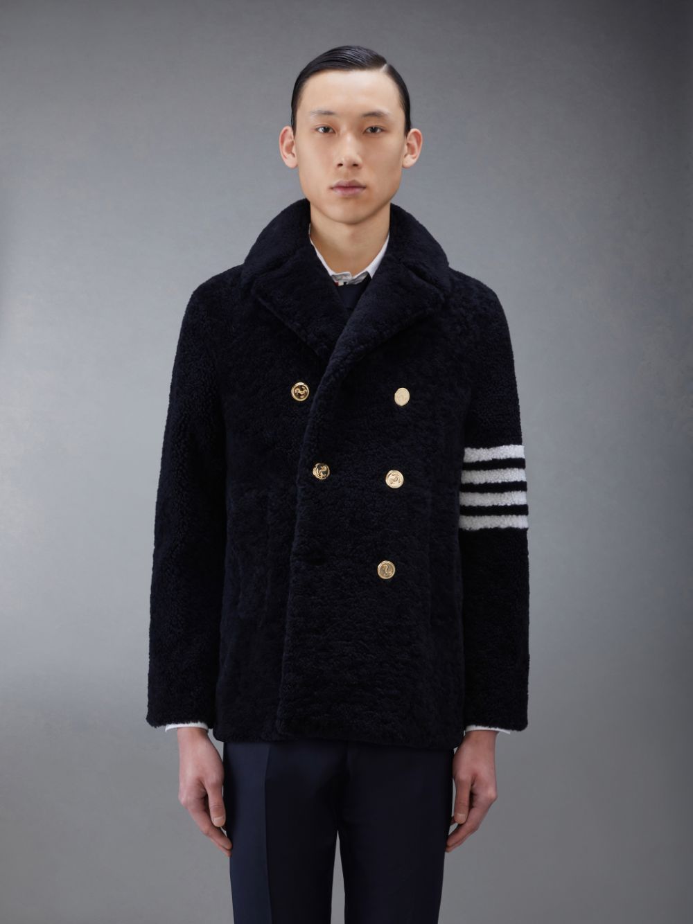 Men Thom Browne Shearling 4-Bar Peacoat Coats Blue | YIO02X43860
