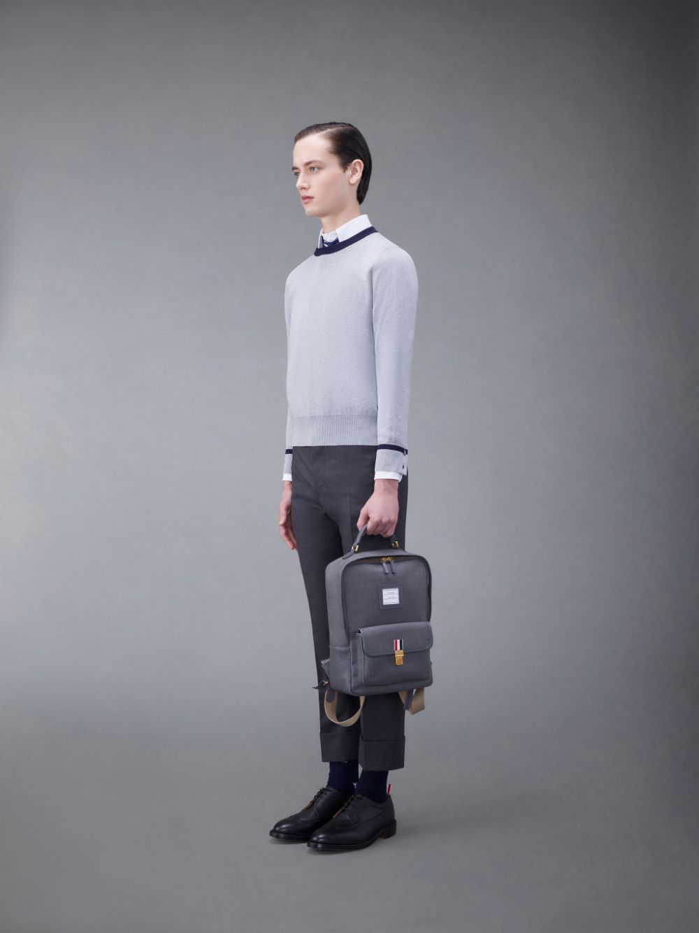 Men Thom Browne Super 120's Twill Front Pocket School Backpacks Grey | ERT94V95128