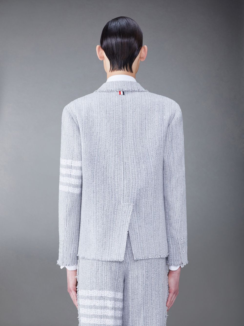 Men Thom Browne Tweed Fray 4-Bar Sack Jackets Grey | HJW30R16065