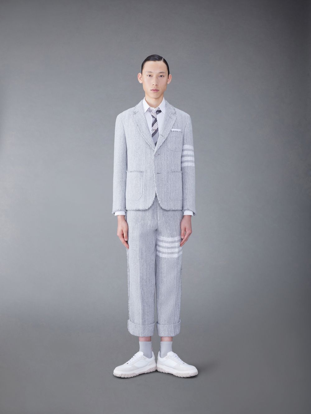 Men Thom Browne Tweed Fray 4-Bar Sack Jackets Grey | HJW30R16065