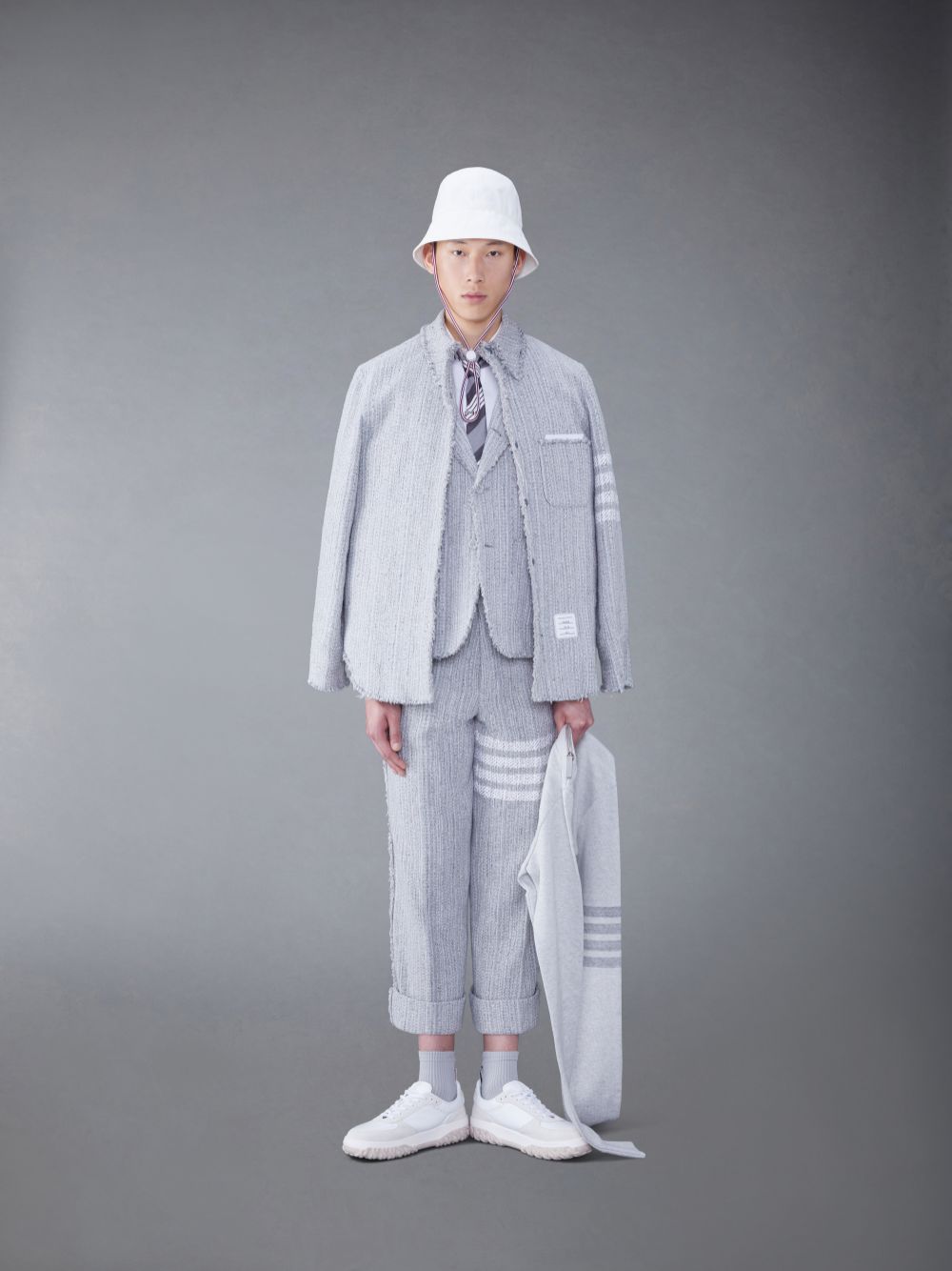 Men Thom Browne Tweed Fray 4-Bar Sack Jackets Grey | HJW30R16065