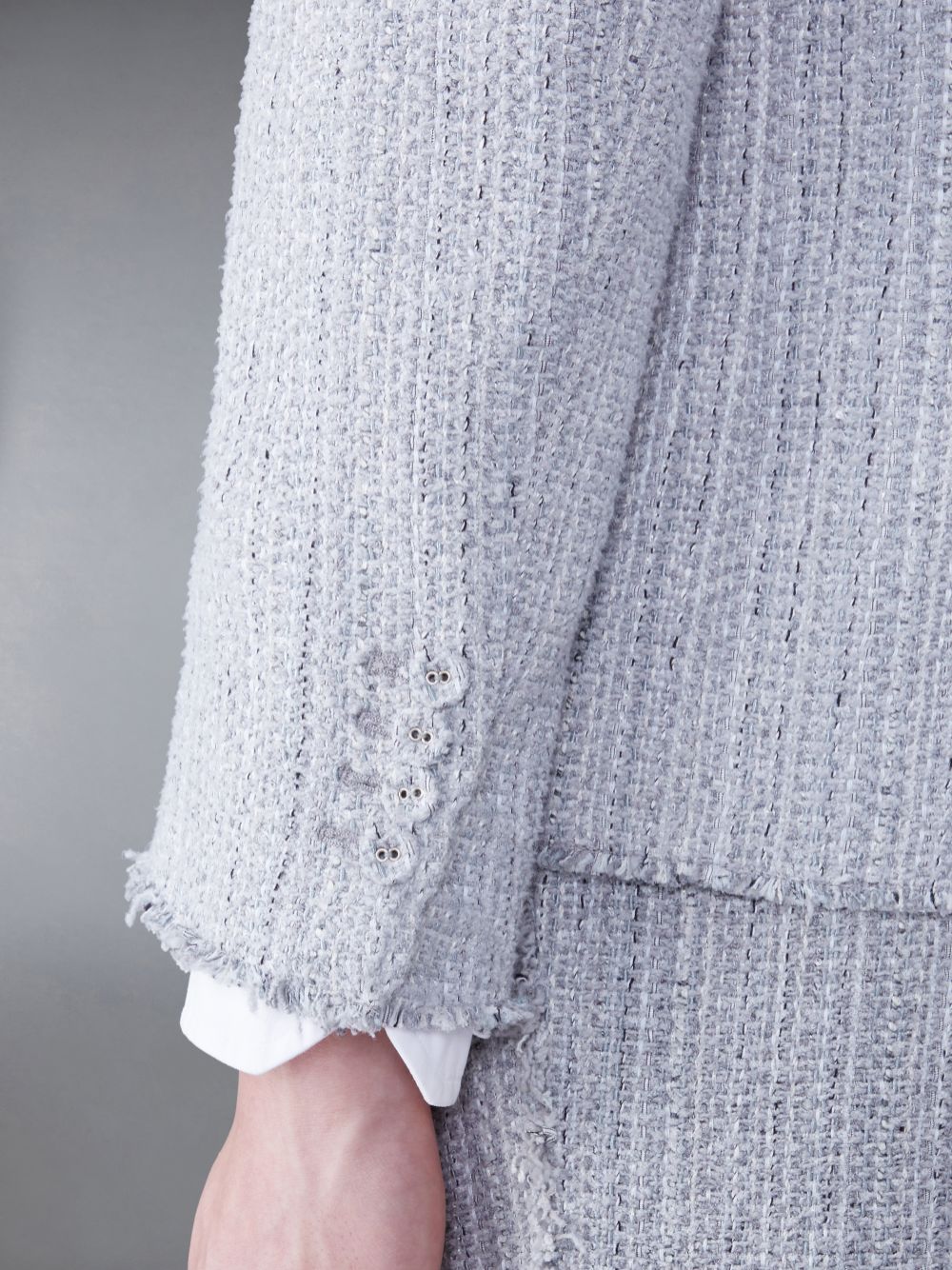 Men Thom Browne Tweed Fray 4-Bar Sack Jackets Grey | HJW30R16065