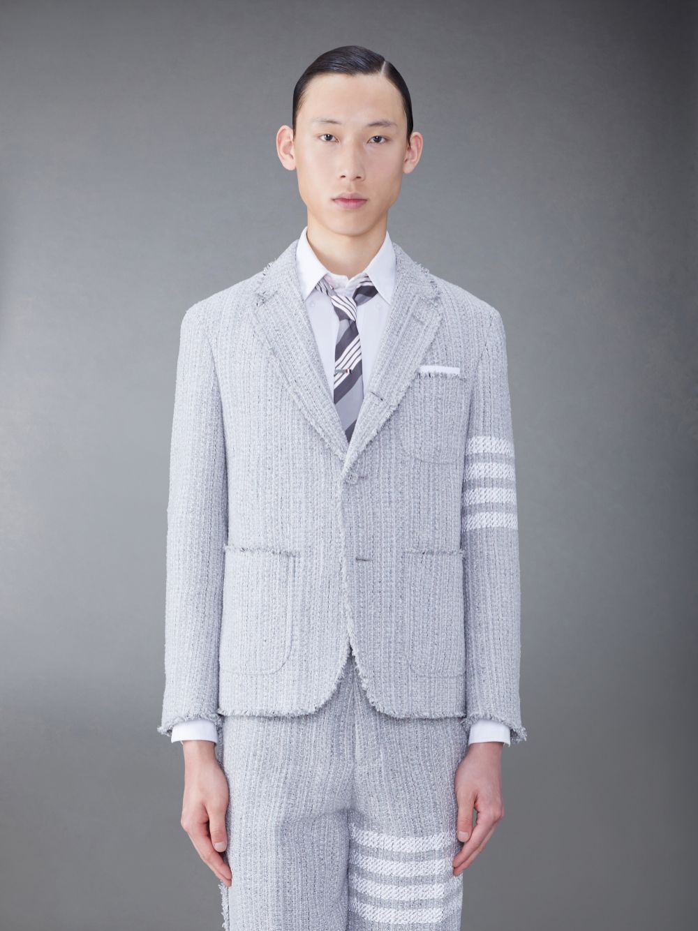 Men Thom Browne Tweed Fray 4-Bar Sack Jackets Grey | HJW30R16065