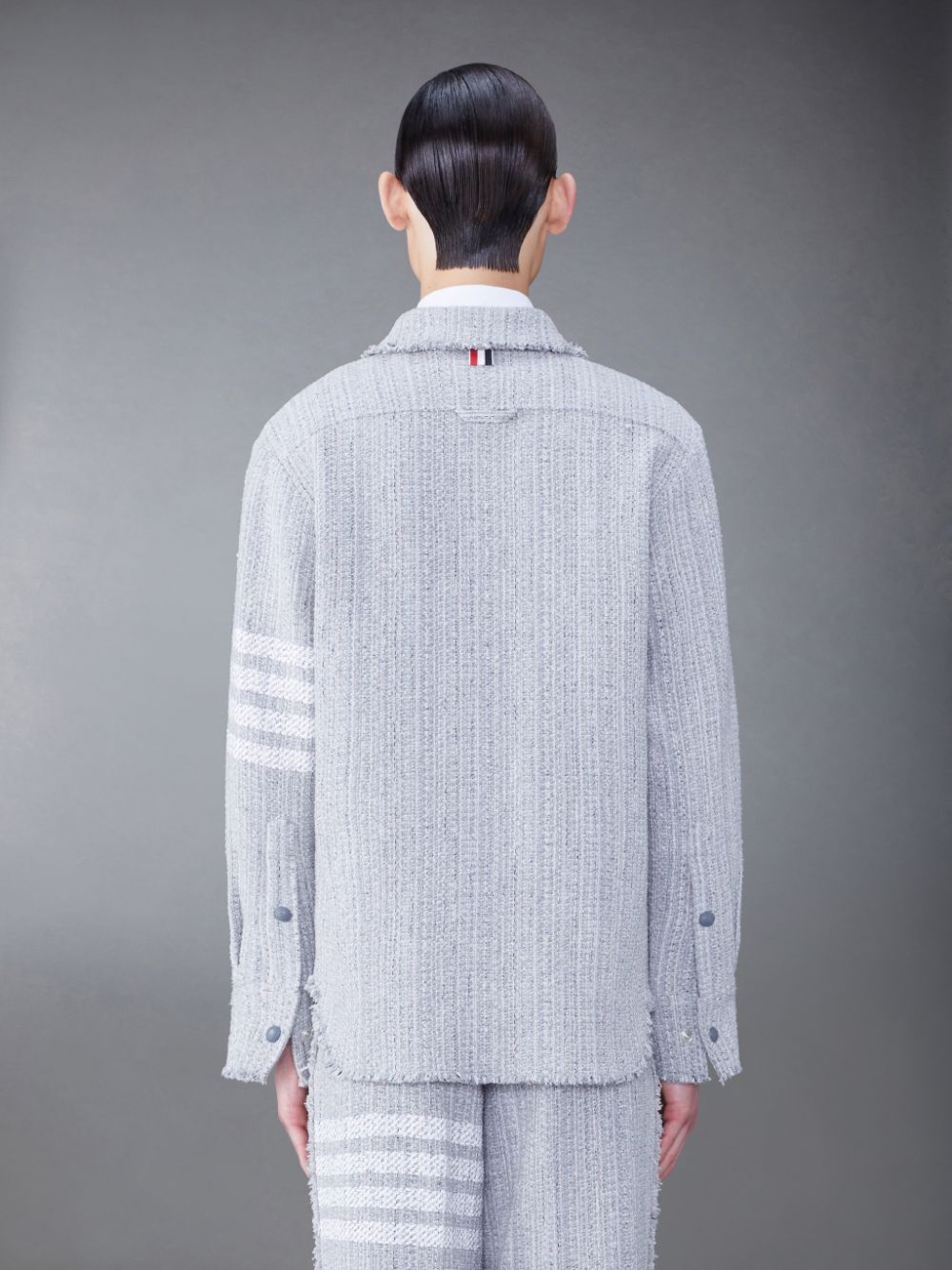 Men Thom Browne Tweed Fray 4-Bar Shirt Jackets Grey | ZGN49P18683