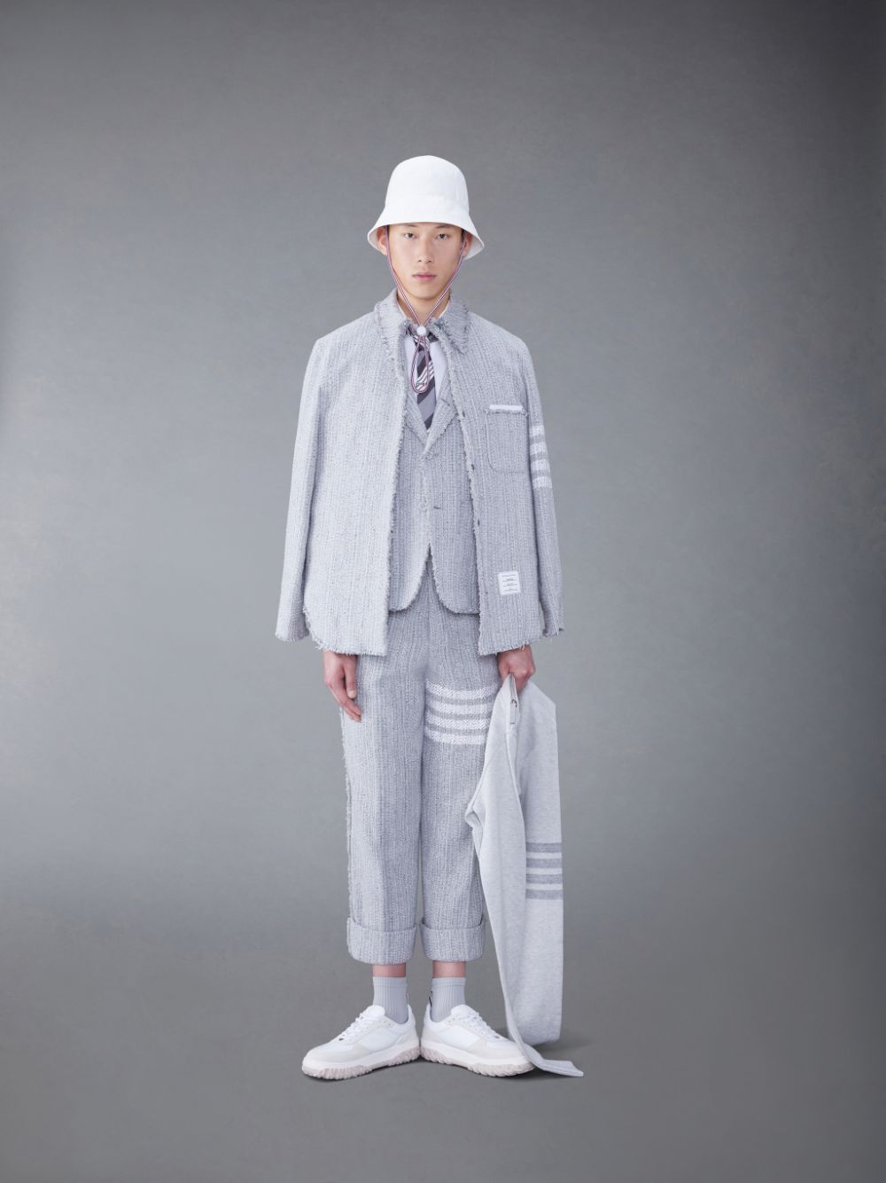 Men Thom Browne Tweed Fray 4-Bar Shirt Jackets Grey | ZGN49P18683