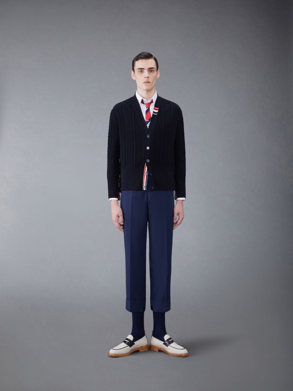 Men Thom Browne Wool Relaxed V-Neck Cable Cardigan Blue | BAN05B57456