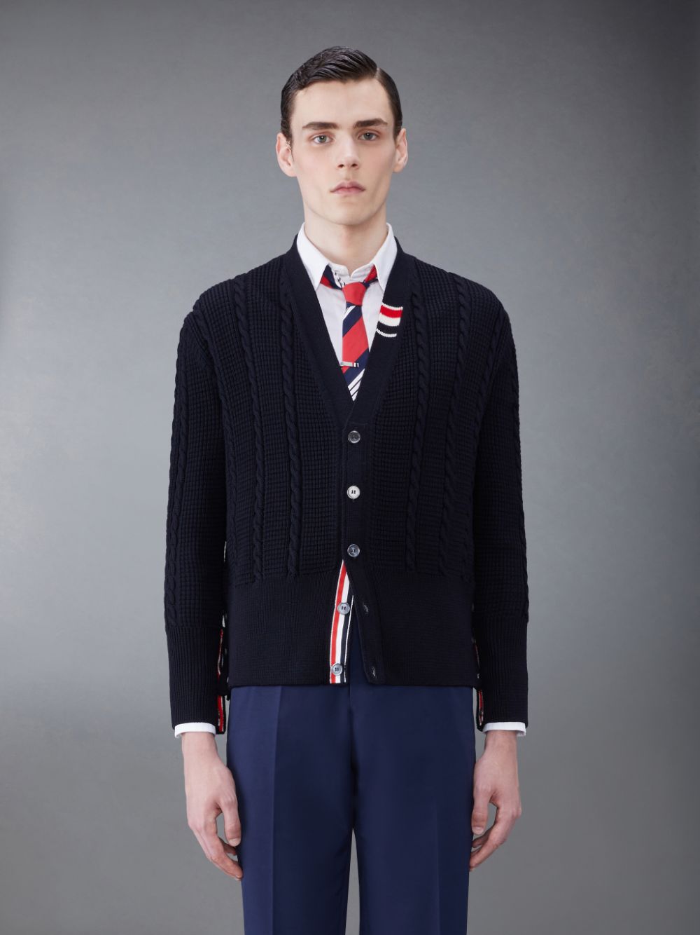 Men Thom Browne Wool Relaxed V-Neck Cable Cardigan Blue | BAN05B57456