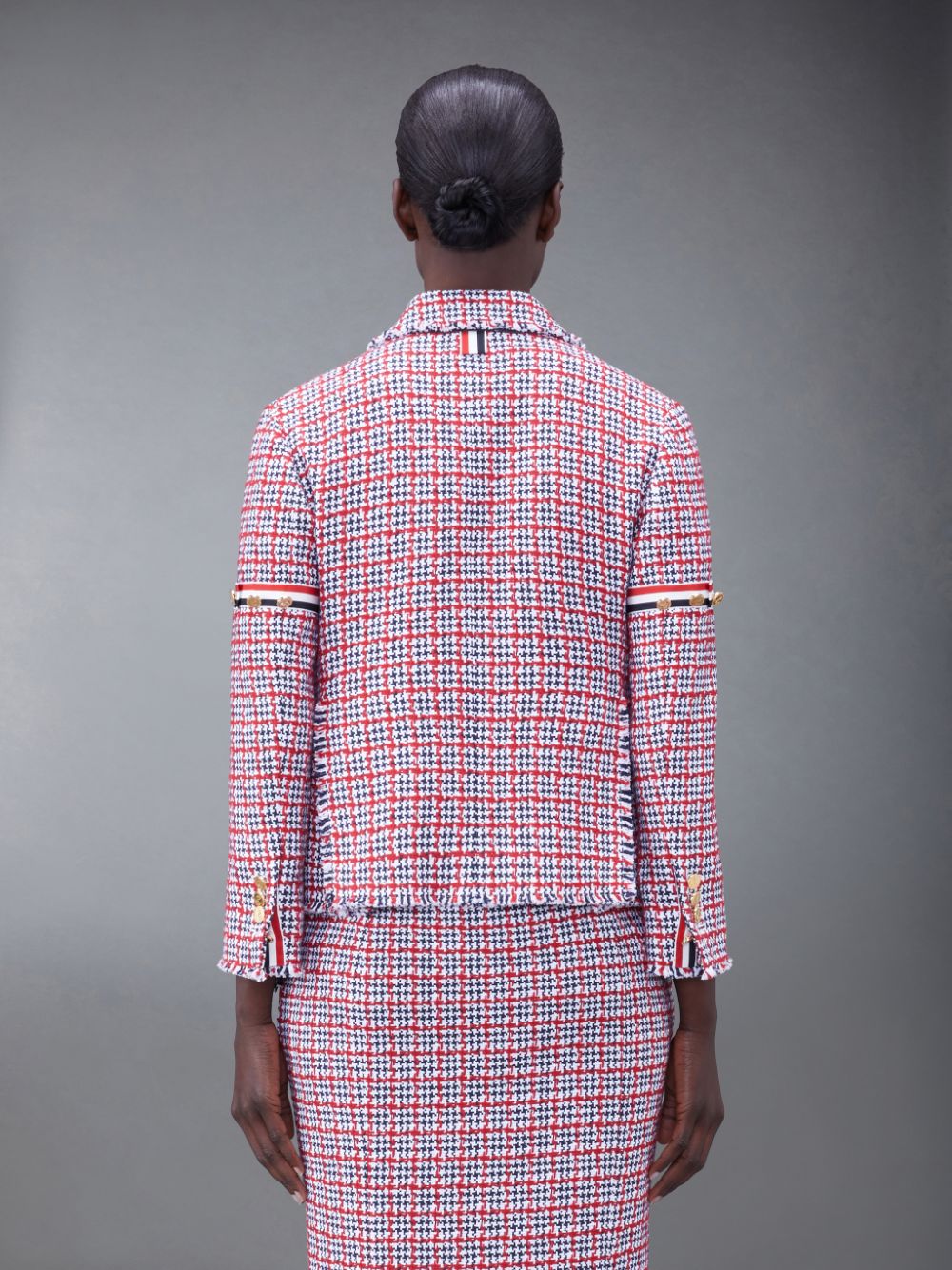 Women Thom Browne Check Summer Tweed Fray Armband Slim Fit Sport Coats Red | LCJ74D86258