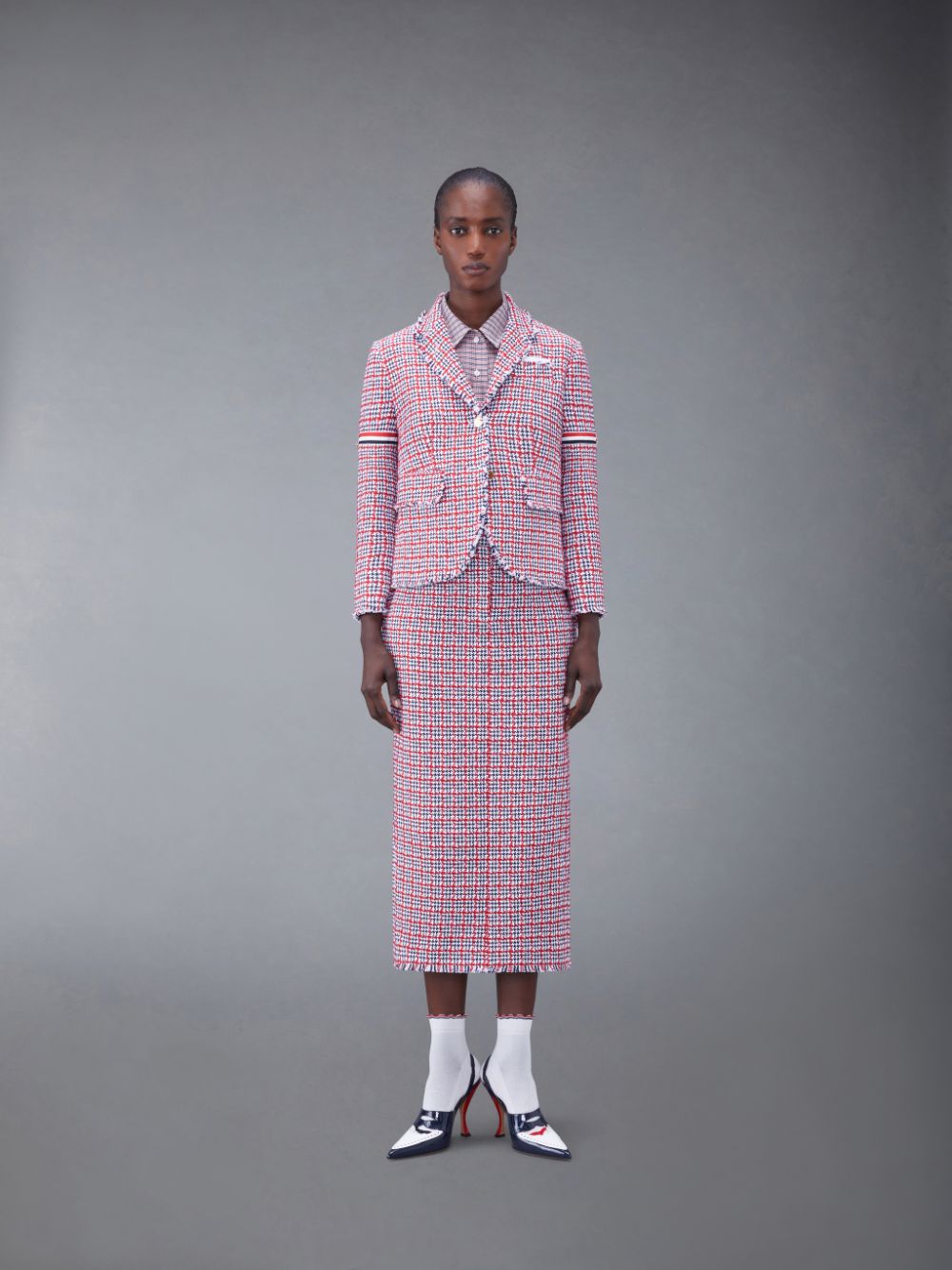 Women Thom Browne Check Summer Tweed Fray Armband Slim Fit Sport Coats Red | LCJ74D86258