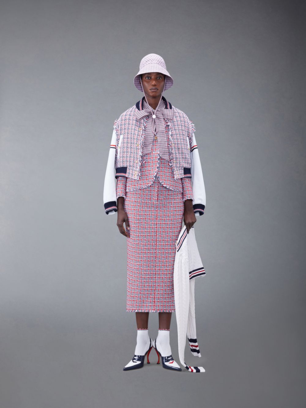Women Thom Browne Check Summer Tweed Fray Armband Slim Fit Sport Coats Red | LCJ74D86258
