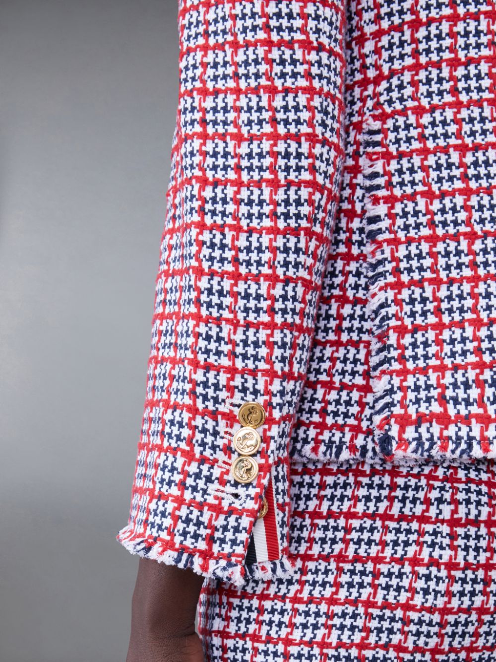 Women Thom Browne Check Summer Tweed Fray Armband Slim Fit Sport Coats Red | LCJ74D86258