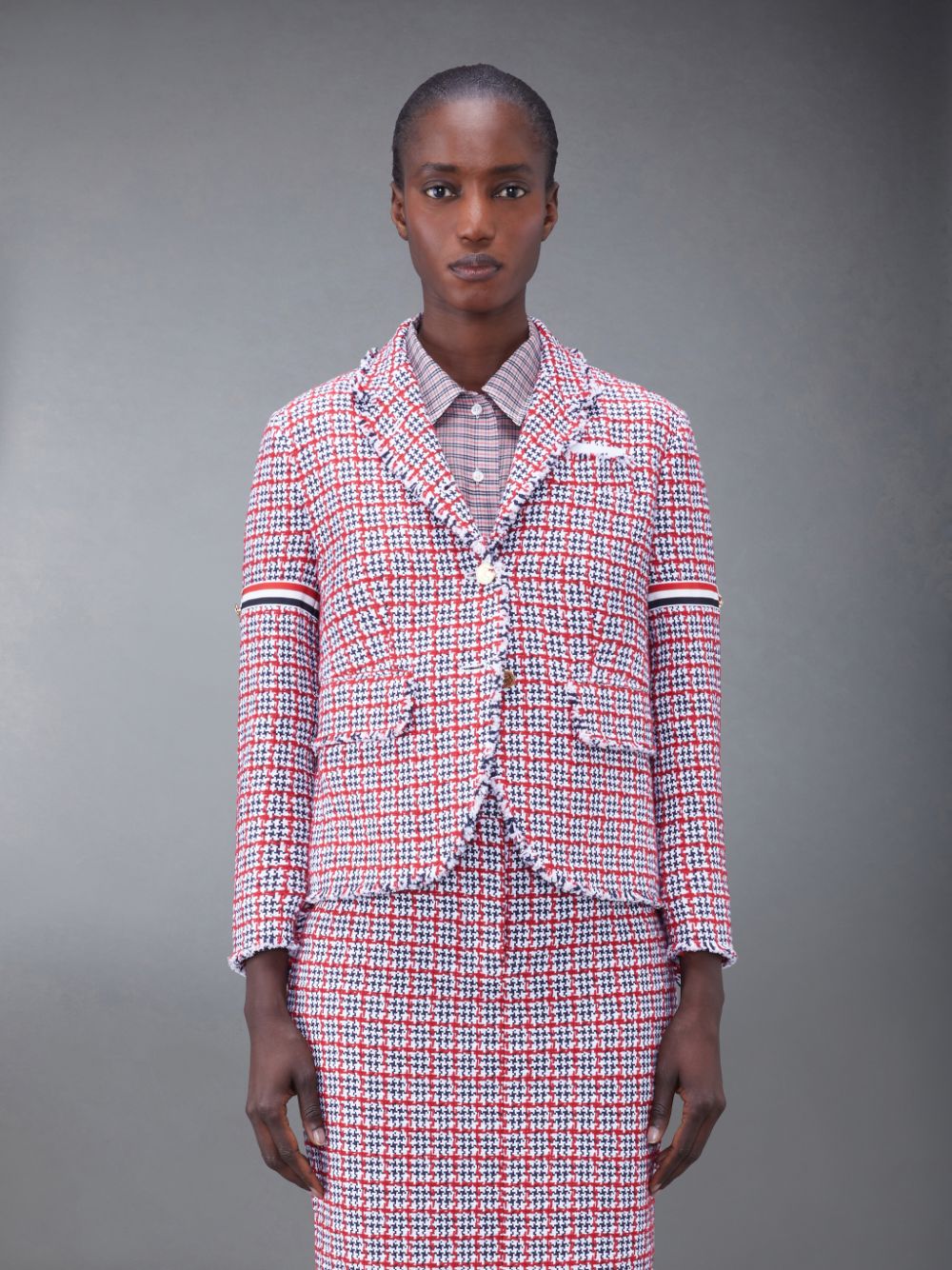 Women Thom Browne Check Summer Tweed Fray Armband Slim Fit Sport Coats Red | LCJ74D86258