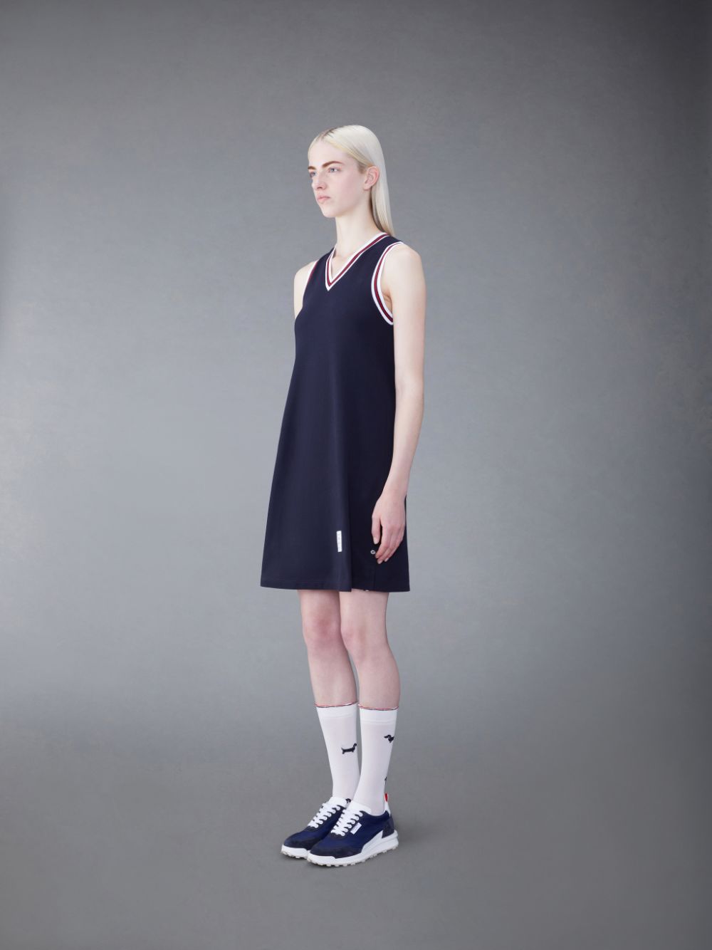 Women Thom Browne Classic Pique Stripe V-Neck Tennis Dress Blue | TCQ27H12616