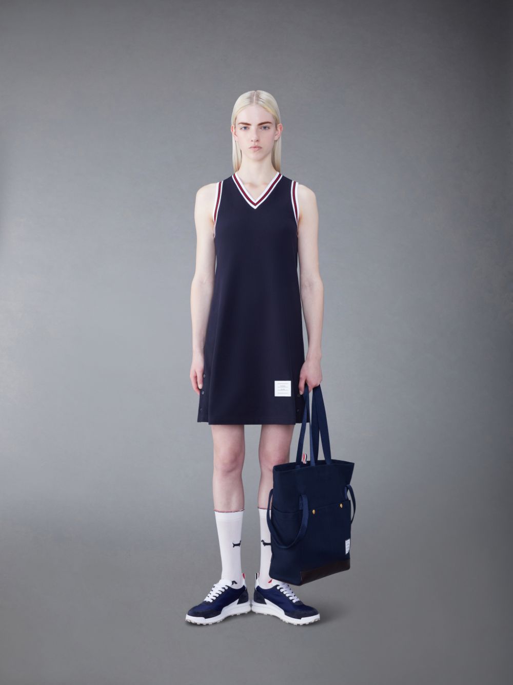 Women Thom Browne Classic Pique Stripe V-Neck Tennis Dress Blue | TCQ27H12616
