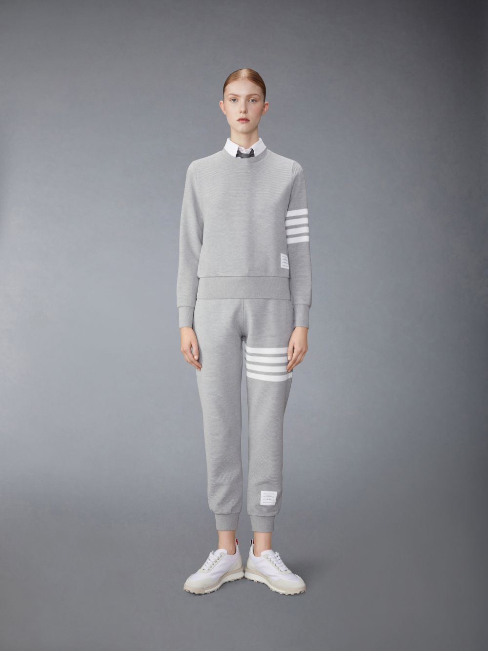 Women Thom Browne Light Ottoman Rib 4-Bar Crew Neck Sweatshirts Grey | PMQ21H30741