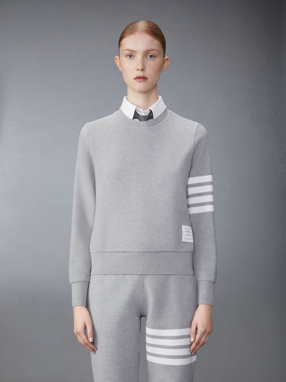 Women Thom Browne Light Ottoman Rib 4-Bar Crew Neck Sweatshirts Grey | PMQ21H30741