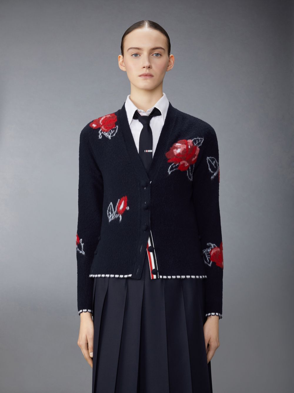 Women Thom Browne Merino Wool Brushed Rose Cardigan Blue | JCU64Y42512