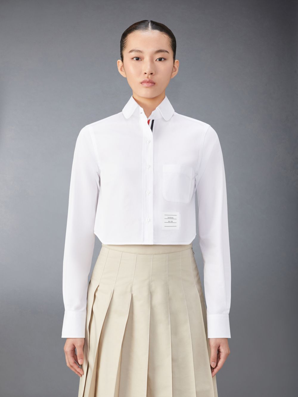 Women Thom Browne Poplin Classic Round Collar Cropped Shirts White | MIG92Z52648