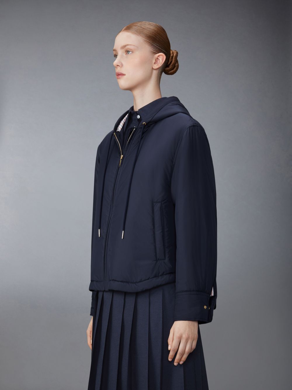 Women Thom Browne Ultra Light Nylon Tech Down Fill Hood Shirt Hem Jackets Blue | BJM63L63793