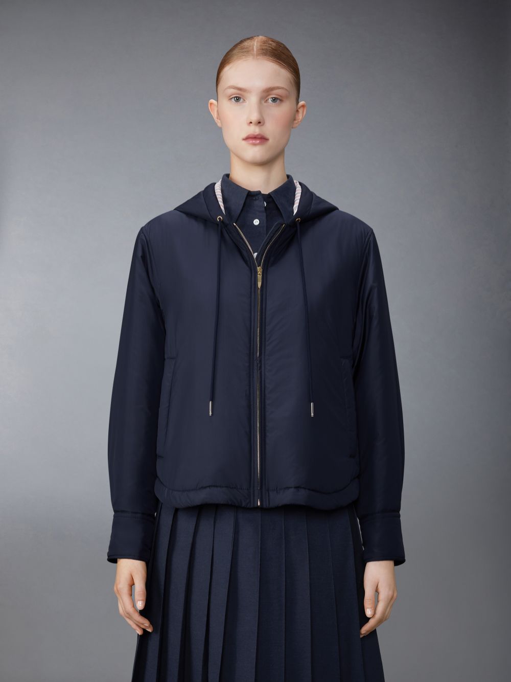 Women Thom Browne Ultra Light Nylon Tech Down Fill Hood Shirt Hem Jackets Blue | BJM63L63793