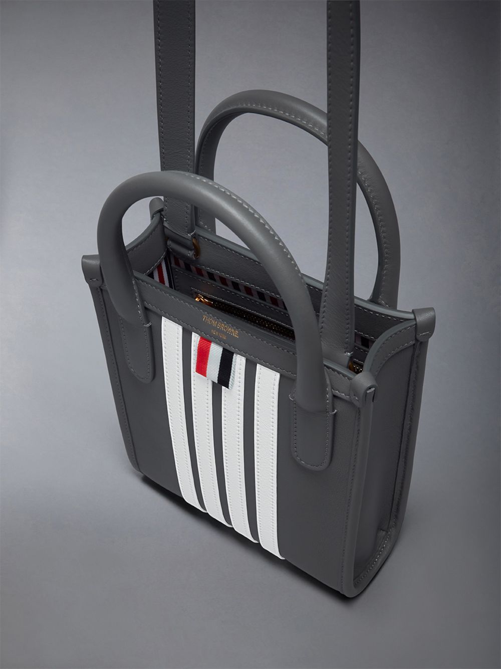 Women Thom Browne Vertical Mini W/ 4 Bar Stripes in Smooth Calf Tote Bags Grey | MYD31Y17870