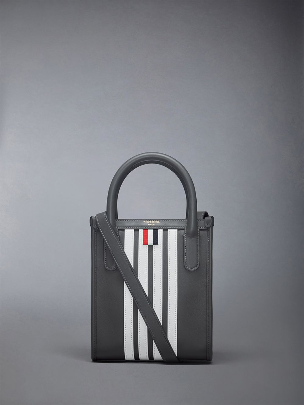 Women Thom Browne Vertical Mini W/ 4 Bar Stripes in Smooth Calf Tote Bags Grey | MYD31Y17870