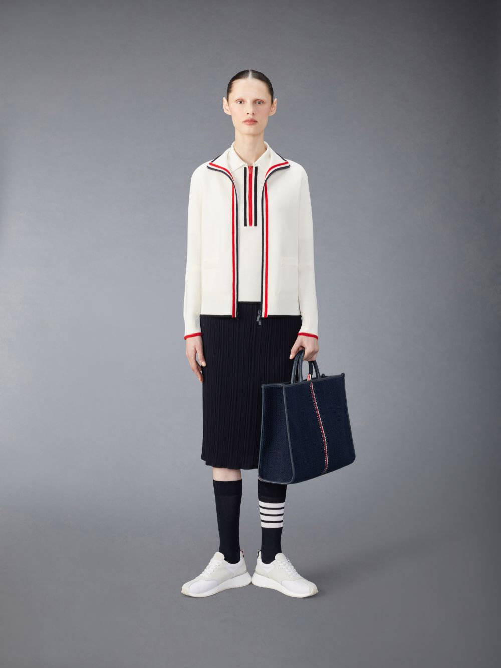 Women Thom Browne Wool Crepe Rib Stitch Midi Plisse Skirts Blue | VHN95B02760