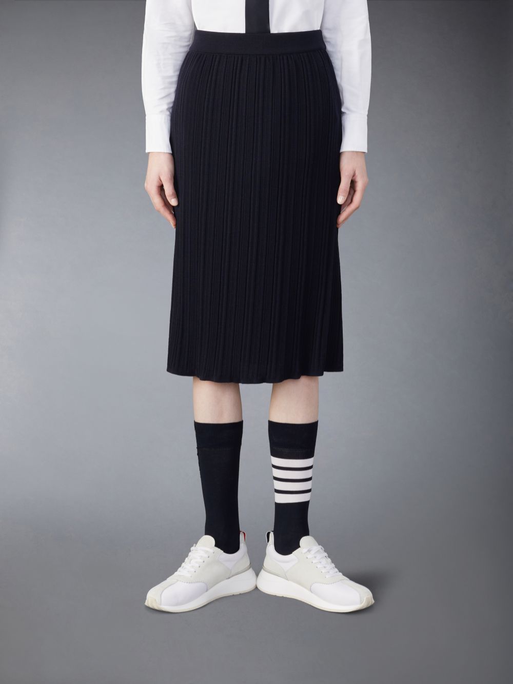 Women Thom Browne Wool Crepe Rib Stitch Midi Plisse Skirts Blue | VHN95B02760